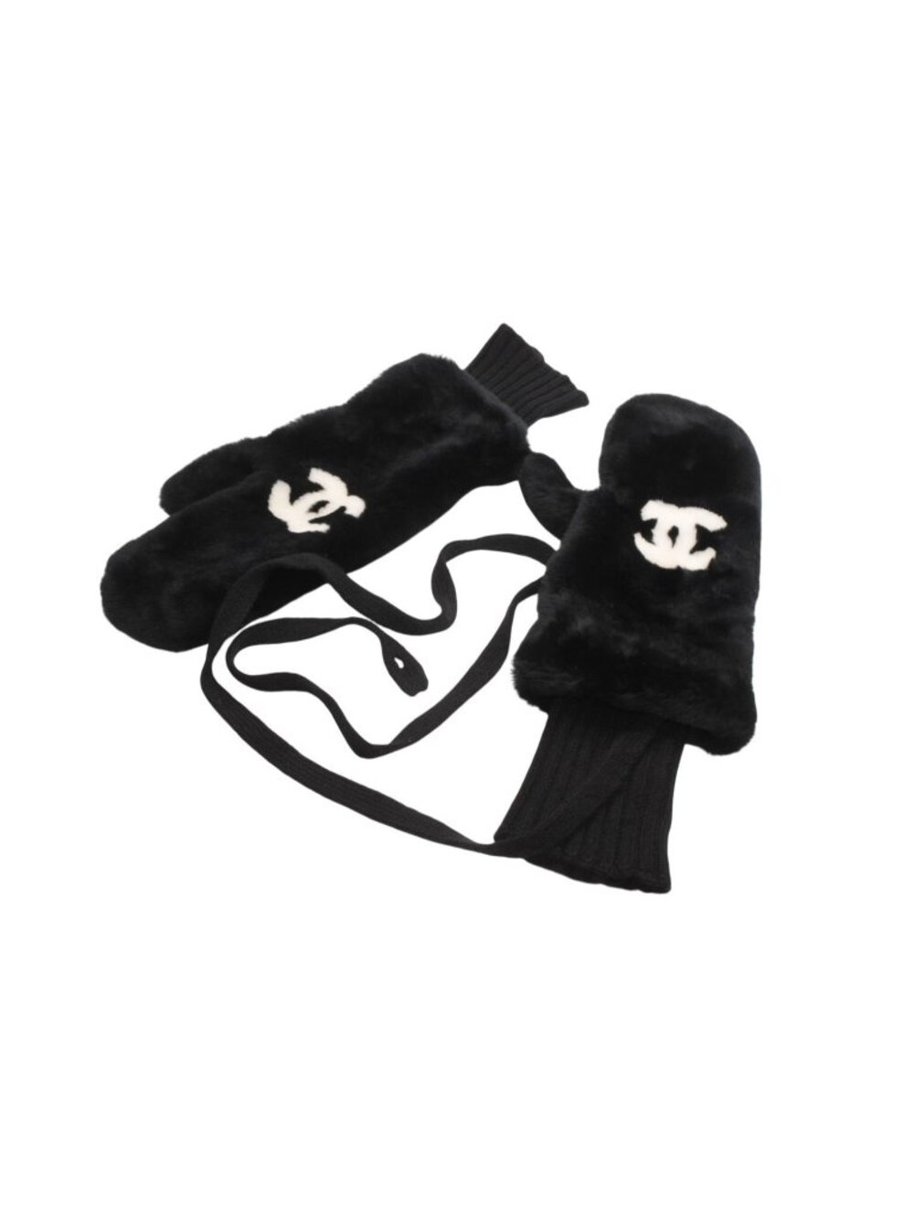 Chanel CC Logo Rabbit Mittens Gloves Black White Fur Lambskin